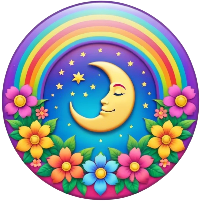 A round psychedelic colored button with a rainbow colored damask style moon and hippie flowers in the center emoji