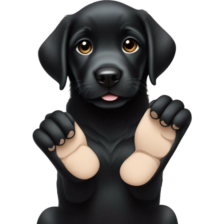 sitting black labrador puppy makes high five with one paw emoji