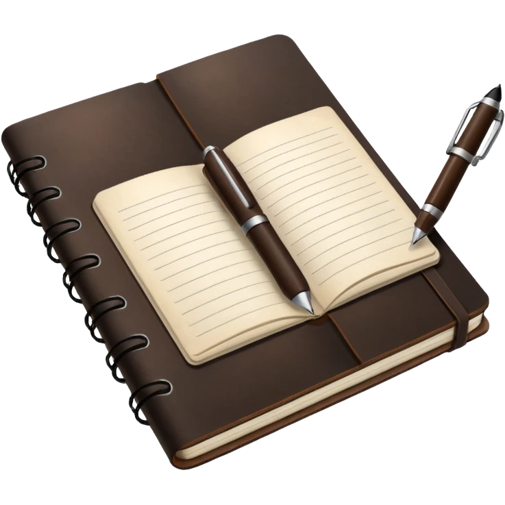 a leather notebook, open with lined pages, pen resting on top emoji