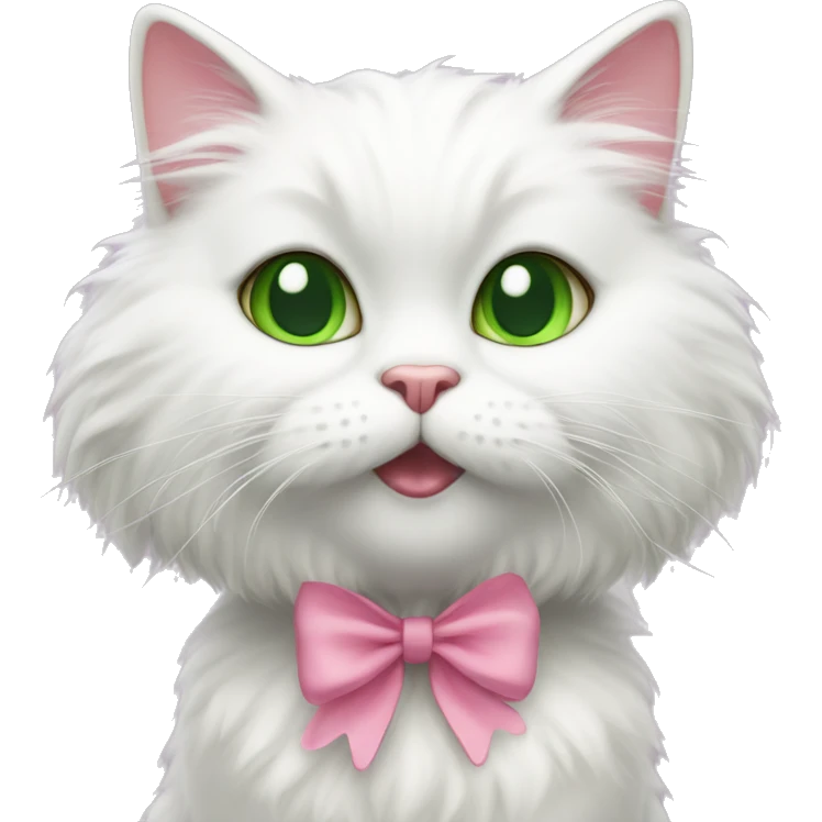a white fluffy cat, with green eyes and a pink bow on its head, licks its paws emoji