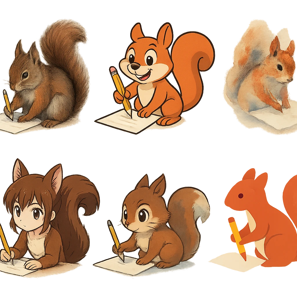 a squirrel writing a paper in different art style emoji