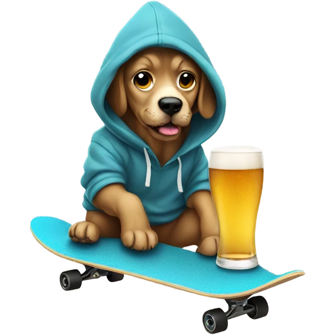 Dog wearing a hoodie on a skateboard drinking a beer emoji