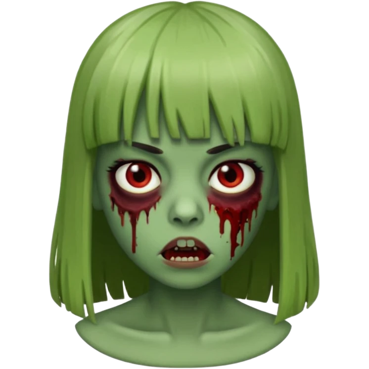 zumbie com cabelo preto e liso de franja vegana e olhos vermelho deixe o zumbir verde  emoji