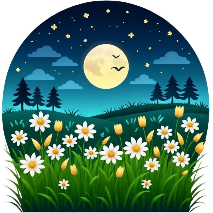 nighttime meadow with silhouettes of flowers and grass emoji