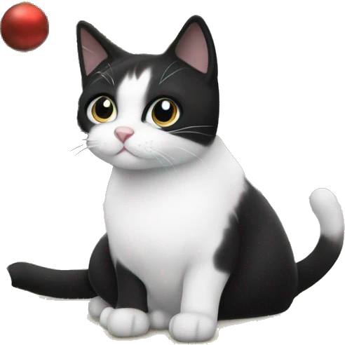 Black and white cat next to the Christmas tree emoji