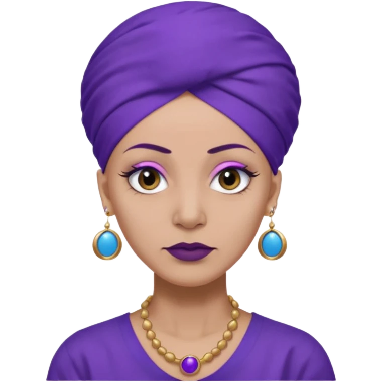 make her skin purple, she has no hair and her eyelashes are huge and she's old and and mean looking with a purple turban with big blue circle earrings and a purple big collared shirt emoji