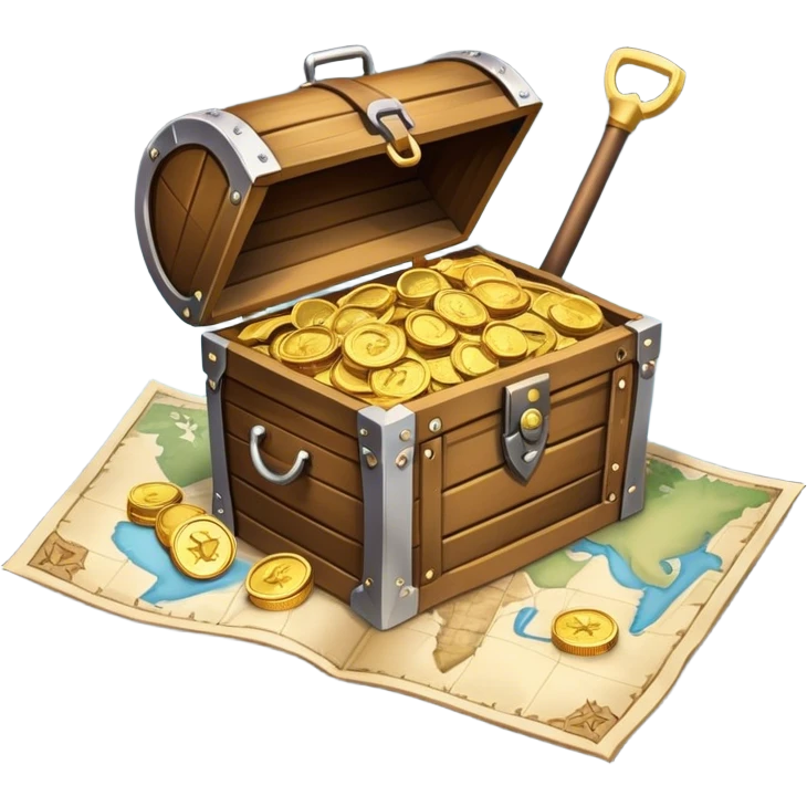 An icon featuring a treasure chest overflowing with gold, a treasure map with a compass rose, a backpack, and a shovel. The map guides the way, symbolizing the adventure of treasure hunting. Set against a transparent background, the design evokes excitement and exploration. emoji