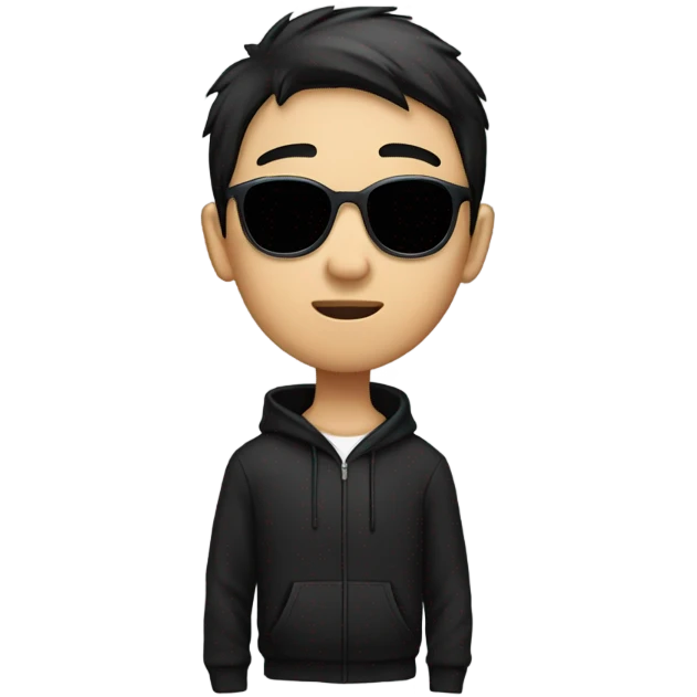 programmer, student, asian, black hair, black eyes, male, round face, black sunglasses, black hoodie emoji