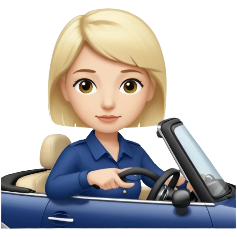navy blue convertible Mini Cooper, with short, blonde colored haired woman driving - update woman to fair skinned emoji