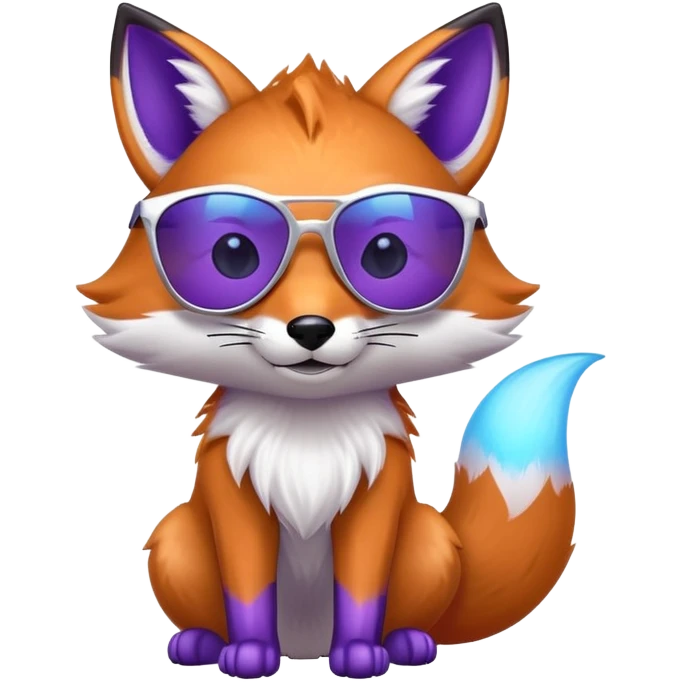 A cool fox with purple-blue fur, a glowing tail, a silver star on its forehead, and round glasses replaced by stylish sunglasses, looking confident. 🦊😎 emoji