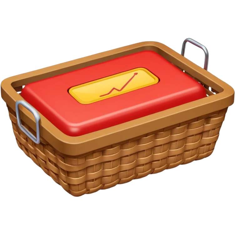 shallow wicker basket seen from above containing one breadcrumb, tiny red battery icon at 5% in upper right, bold lines, flat colors, subtle gradients, emoji look emoji