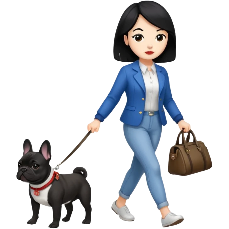 Mujer de pelo negro paseando un bulldog francés  emoji