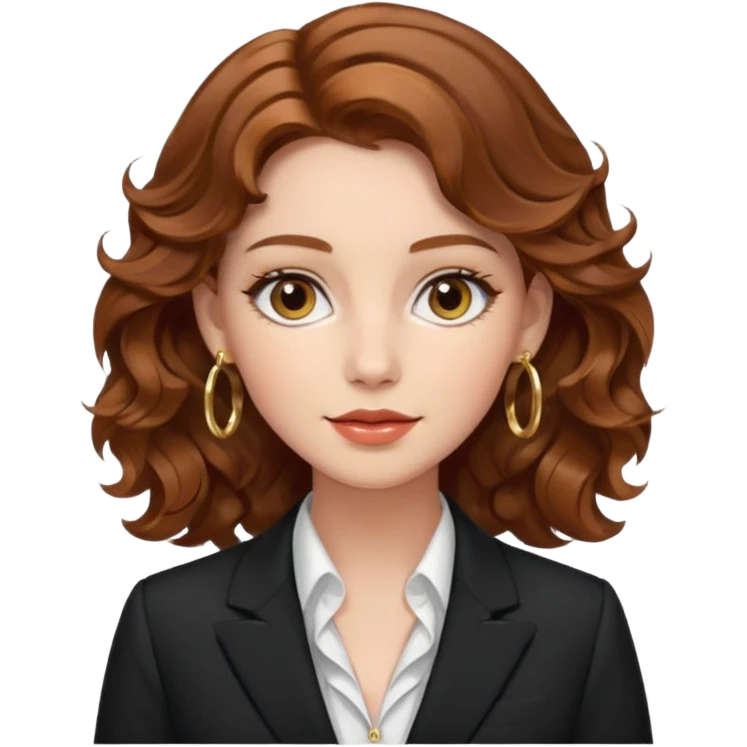 emoji of a young elegant lady, wavy chestnut hair, wearing a formal suit and gold hoop earrings, poised look emoji