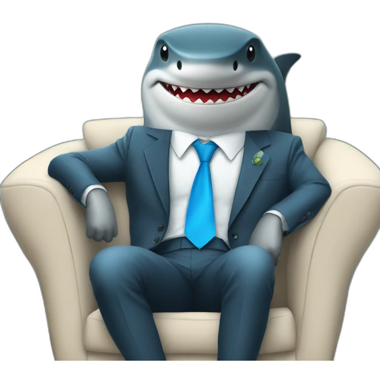 A shark wearing a suit looking straight while sitting in a chair with a blue tie emoji