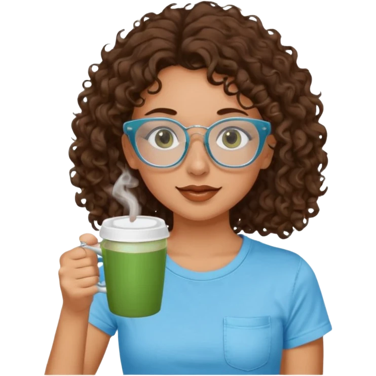 White girl with dark brown curly hair, brown eyes, sky blue glasses, nose ring, green t shirt, drinking coffee from a glass cup emoji