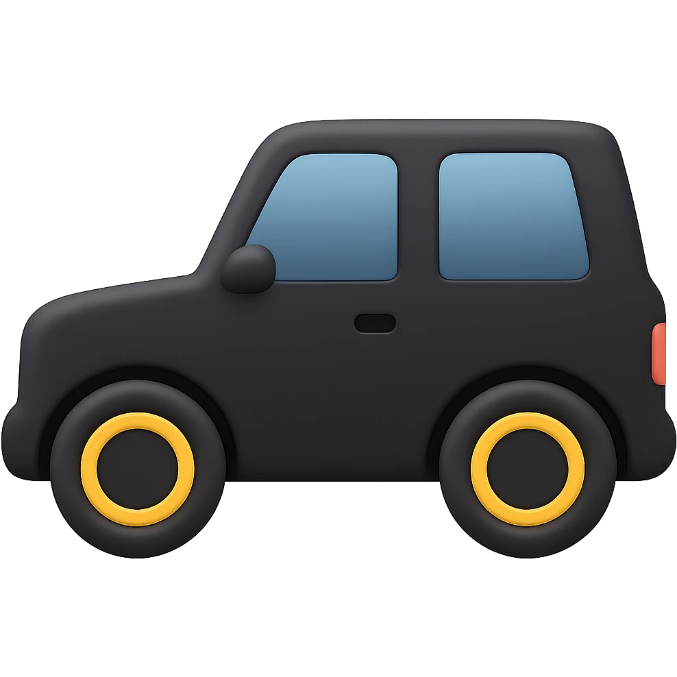 Create an extremely minimalized side view of a Mercedes G-Class SUV in black color. Remove all small details like door handles and complex rims, keeping only the most basic shapes and features. The style should resemble a 3D Apple emoji-like look with simplicity matching the blue car emoji reference. No background. emoji