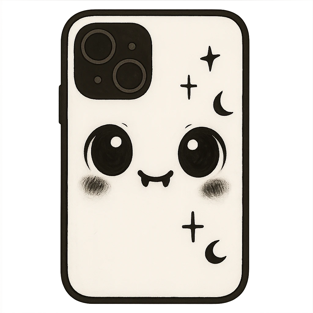 Change the color scheme to white and black, gothic kawaii phone case, big eyes, smiling, playful, cartoonish, gothic symbols, ghibli style, no background. emoji