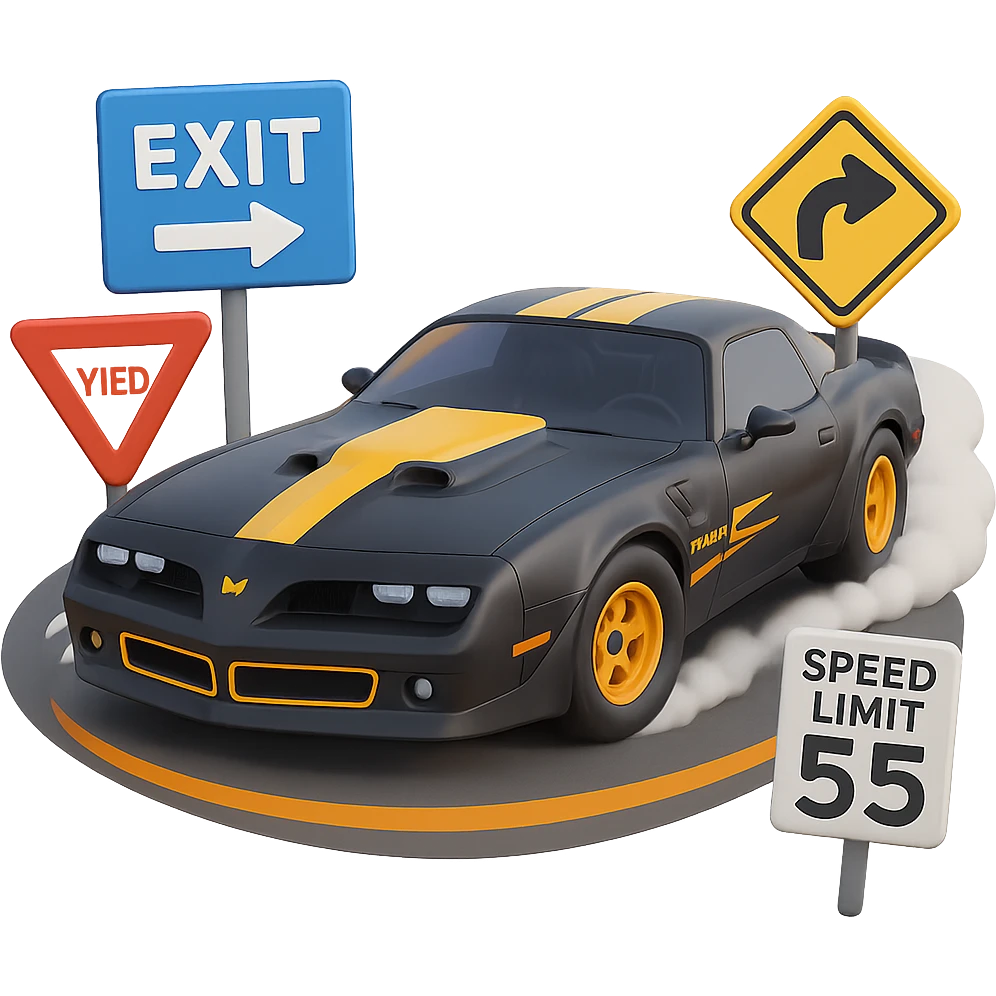 Add more road signs, including highway exit, yield, and speed limit signs, around the black Trans Am car drifting around a curve. The style should resemble 3D emoji style with a transparent background. emoji