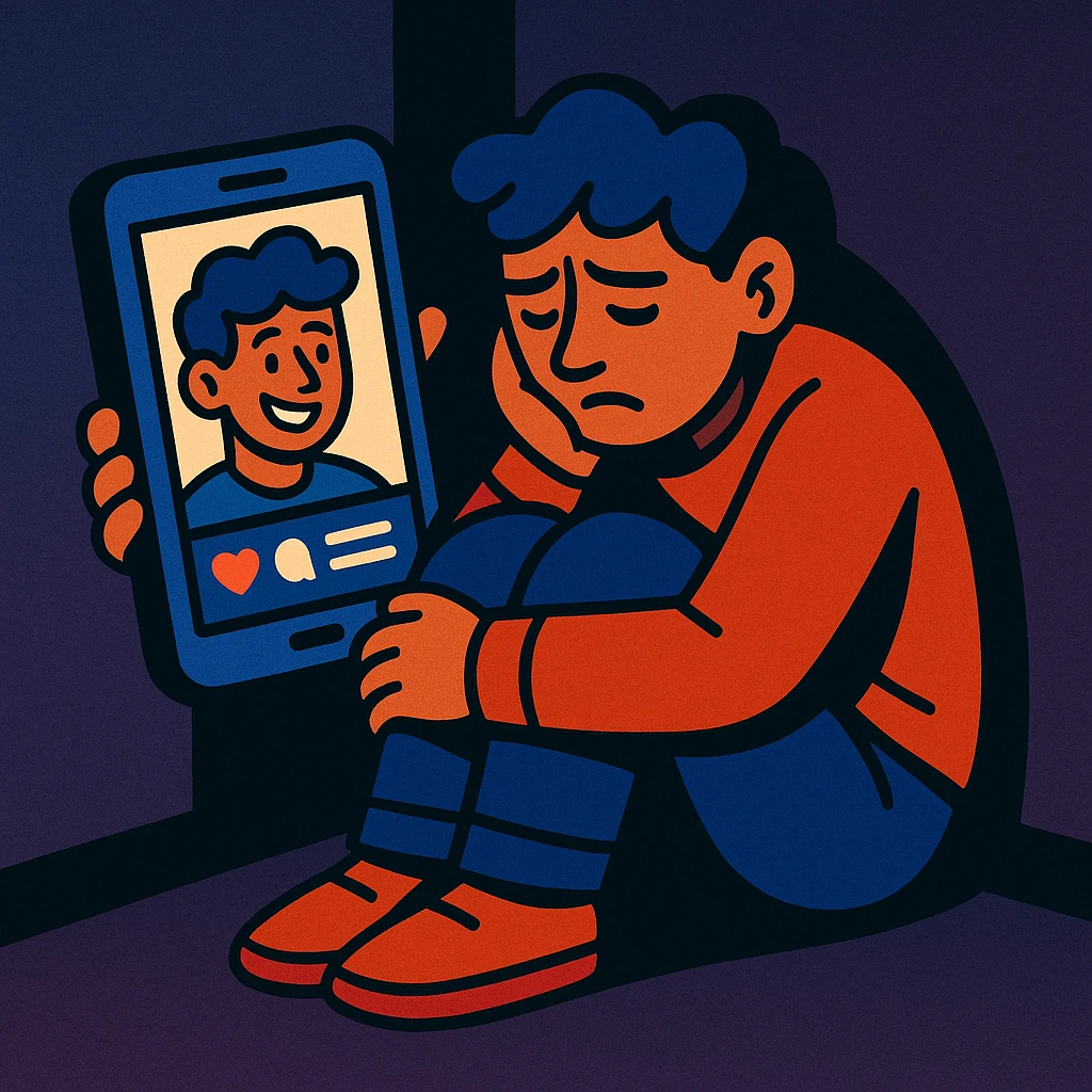 A modern person in a dimly lit room, curled up in the corner, feeling isolated after comparing their real self to their social media persona, cartoon style emoji