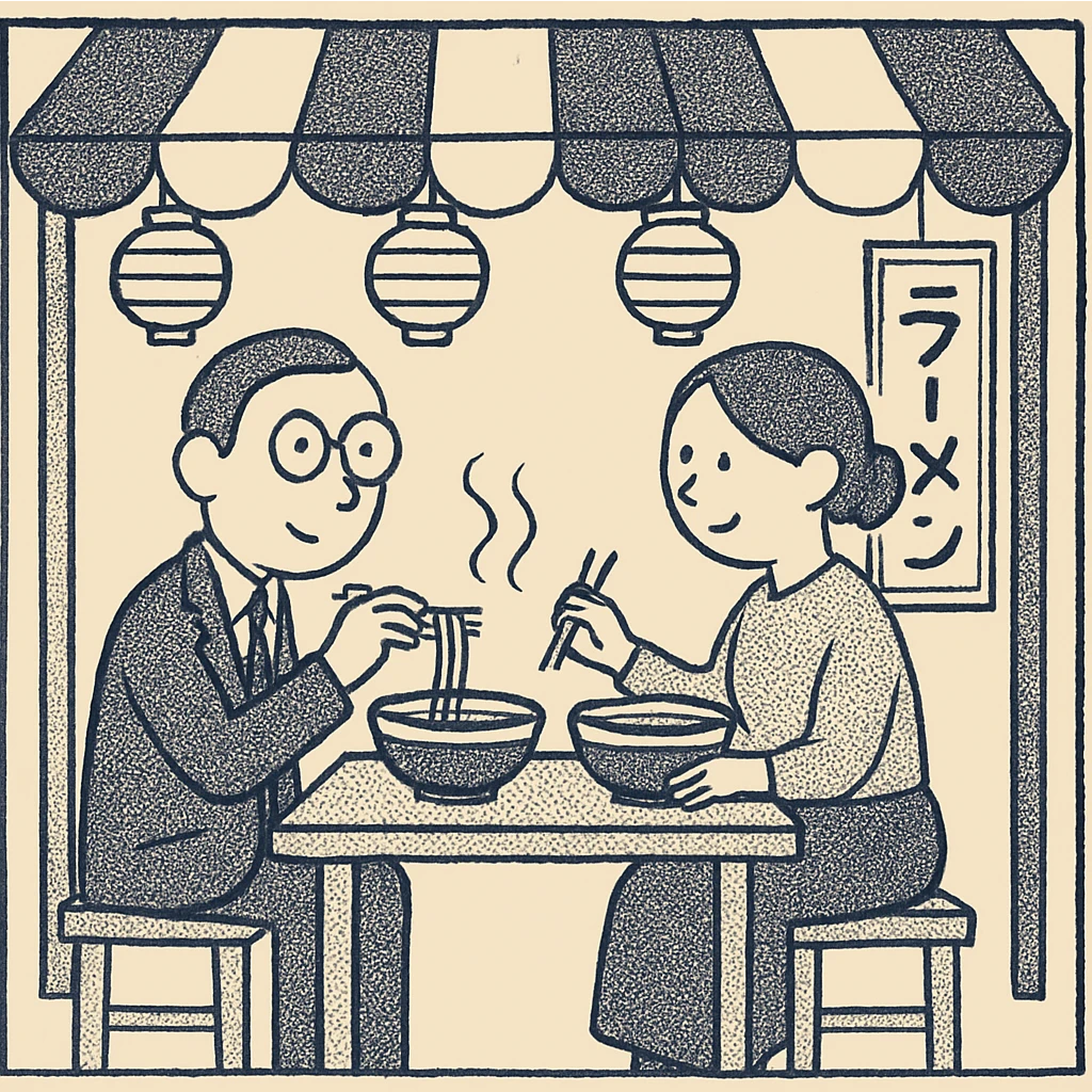 couple dining in Japanese street cafe
 emoji