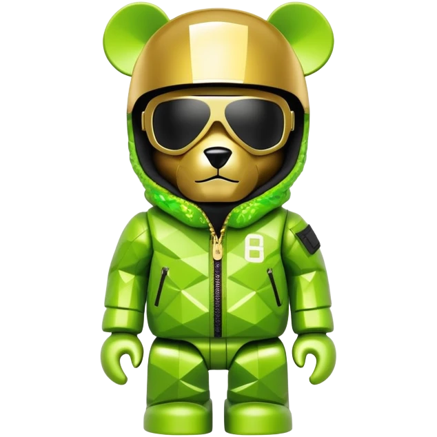 geometric bearbrick in lime graffiti balaclava wearing large snowboard style panoramic shield visor with single continuous lens, no eye division, luxury down jacket with fur, gold chains emoji