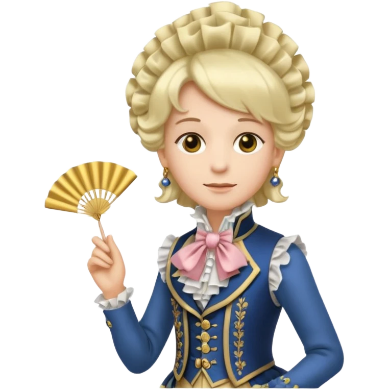 An emoji portrait of a French aristocrat. He wears a powdered wig and a silk waistcoat with a ruffled jabot. His expression is poised and refined, and he holds a fan. emoji