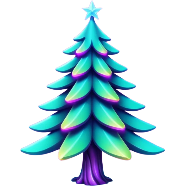 Futuristic glowing Christmas tree emoji with neon decorations, purple and cyan holographic glow, dark background, festive sparkles, no face. emoji