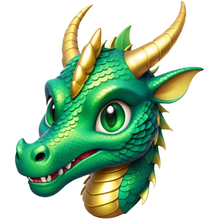 Cinematic Cute Dragon Portrait Emoji, Head tilted playfully and inquisitively, featuring a sleek, serpentine form adorned with iridescent scales that shift between emerald and gold, a delicate set of subtle horns, and round, sparkling eyes full of curious magic; rendered with realistic detail and warm natural light, high shine, affectionate and enchanting, styled with a touch of whimsical fantasy, soft glowing outline, capturing the essence of a mischievous yet lovable dragon that seems poised to slither playfully into your arms! emoji