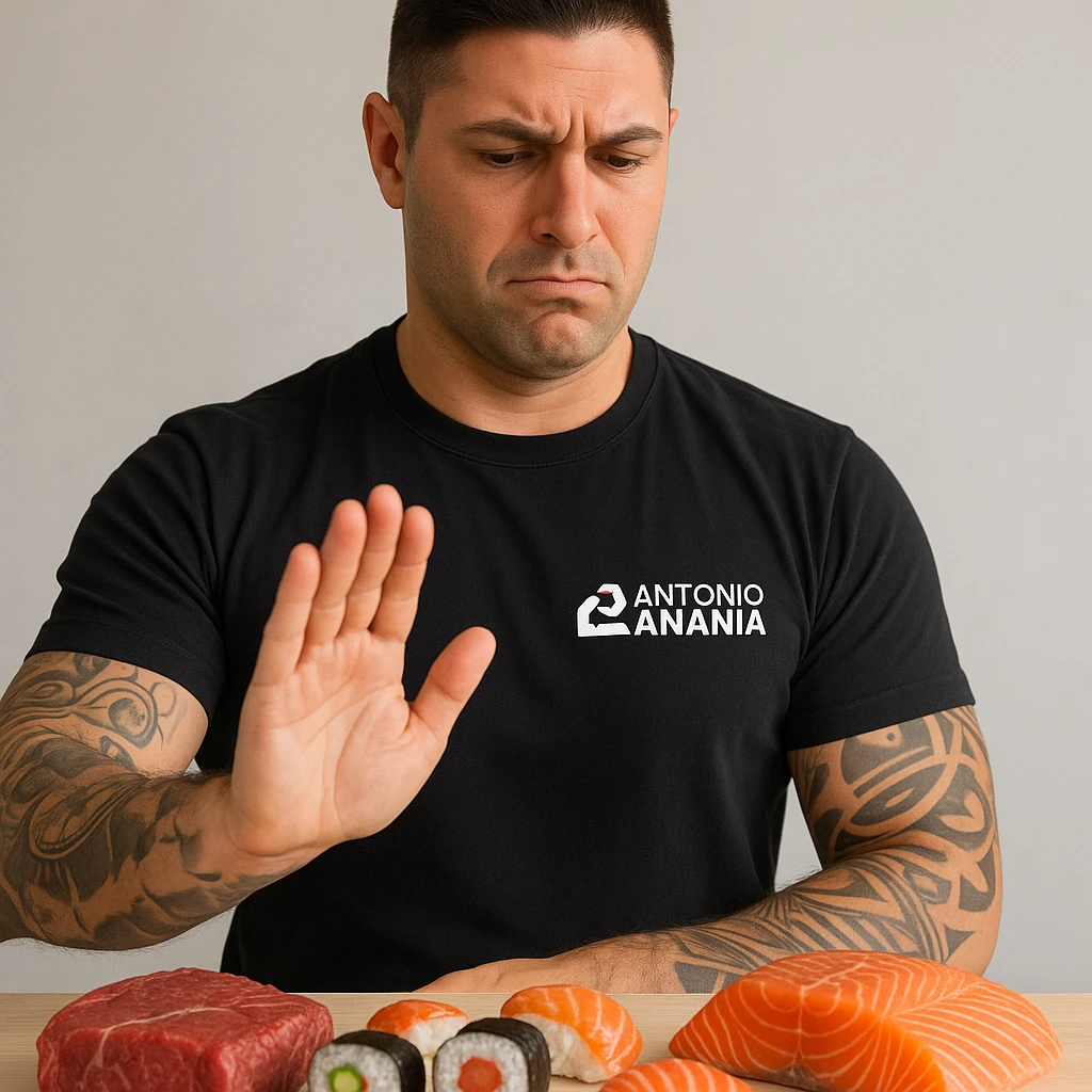 Create a realistic scene featuring a man with facial features and expression similar to the person in the reference photo. The man is making a clear 'NO' gesture, such as a hand stop or shaking head, directed towards raw meat, sushi, and raw salmon displayed prominently in front of him. The foods should be clearly visible and the man's expression decisive. The overall tone should be educational and respectful. emoji