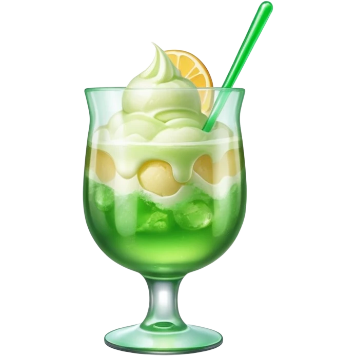 Create an emoji with a clear rounded glass, bright transparent green soda, vanilla ice cream scoop
 emoji