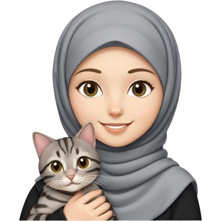 Hijab White girl smiling while holding a black grey tabby cat emoji
