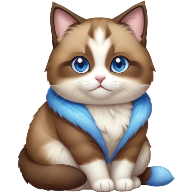 Cinematic Cute Chubby Brown Mantle Snowshoe Cat Portrait Emoji, Round and plump body, soft brown fur draped over its back like a luxurious coat, contrasted by fluffy white paws, chest, and an adorably chubby face, big, sparkling icy-blue eyes, Simplified yet irresistibly adorable features, highly detailed, glowing with a warm, cozy glow, high shine, curious yet calm, stylized with a touch of whimsy, bright and endearing, soft glowing outline, capturing the essence of a mischievous yet lazy and lovable kitty, so cuddly it feels like it could waddle right out of the screen for a snuggle! emoji