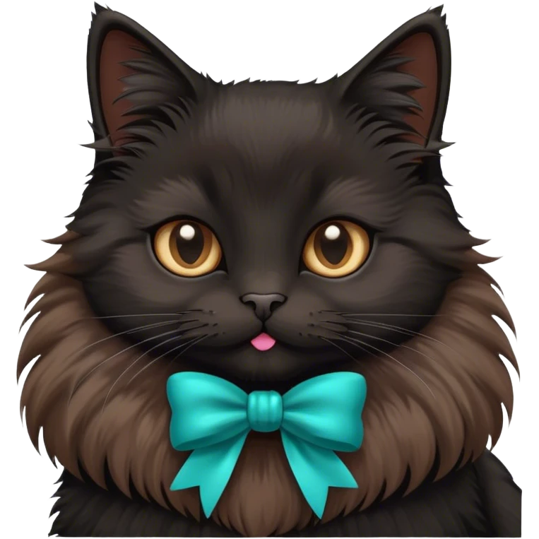 A black fluffy cat, wearing a teal bow emoji