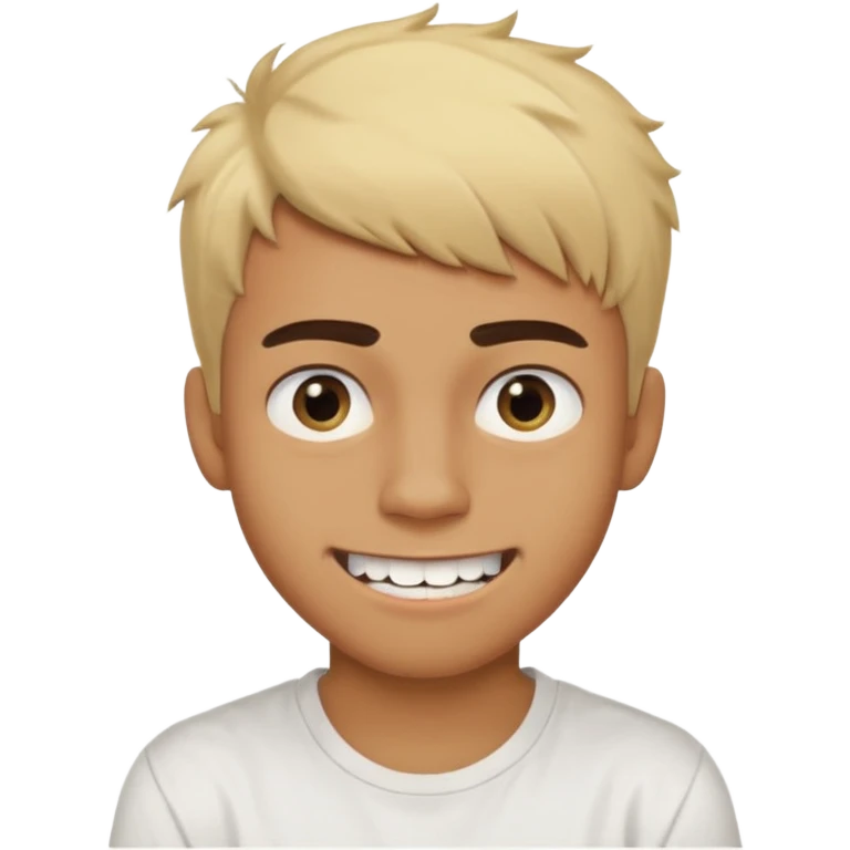 Short buzz, messy blonde hair. Dark brown bushy eyebrows large expressive golden-brown eyes, wearing a plain white t-shirt. Crooked grin showing imperfect teeth, one side raised higher than the other, grin with asymmetrical smile. Male Teenager. Brown skin color.  emoji