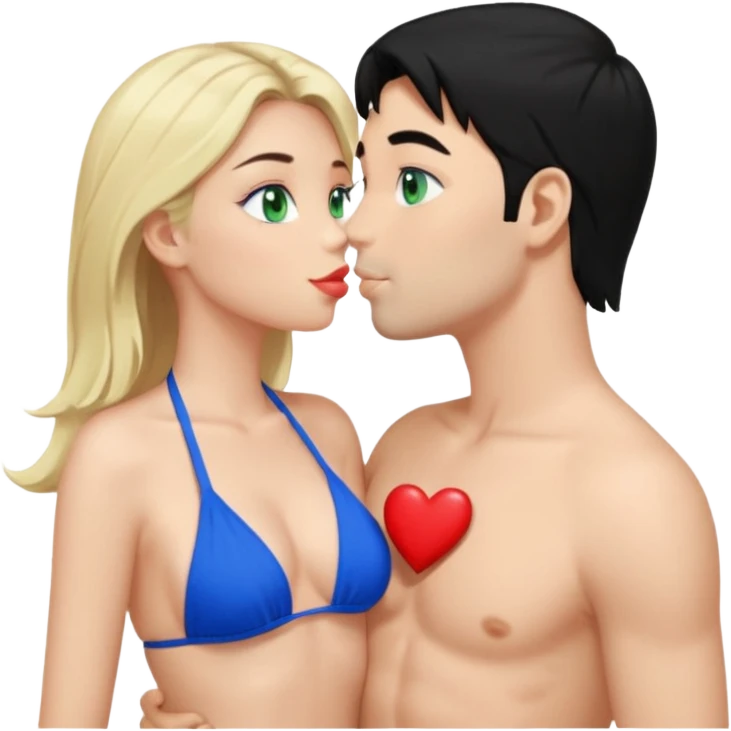 Blonde Woman Green eyes blue Bikini whole body Kissing man black Hair blue eyes Hearts in Body emoji