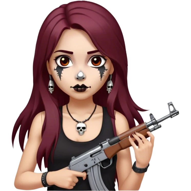 emoji of girl with an ak47 in hand with a black tank top with skulls on it with maroon dark long hair in a middle part with straight nose hazel eyes medium perfect eye brows with  a nose ring silver on the right nostril  emoji