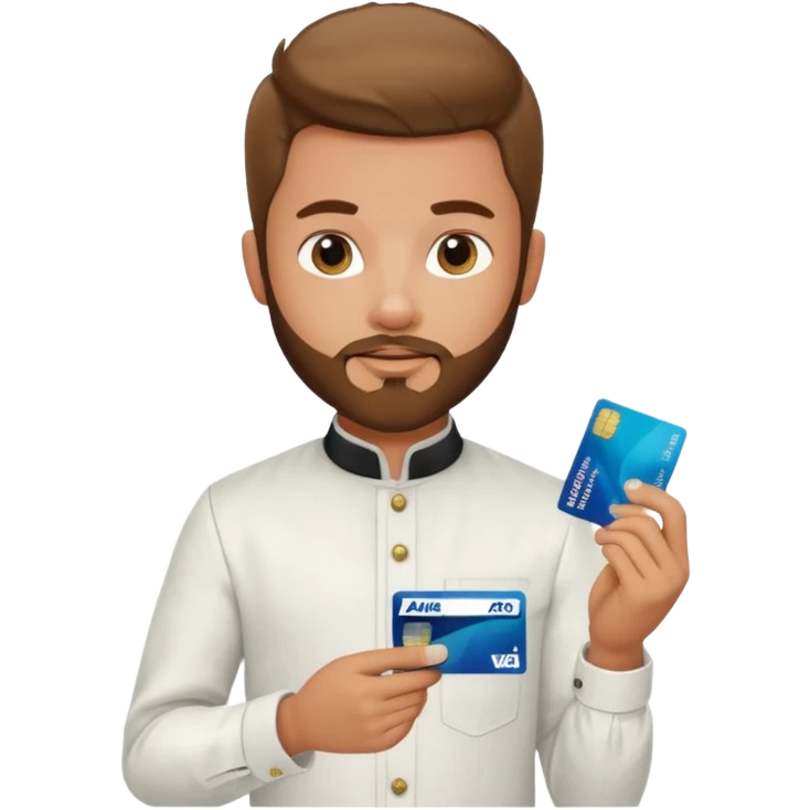 generate a pretty bratz boy wearing a white linen mandarin collar shirt with an amex card in hand. bearded emoji