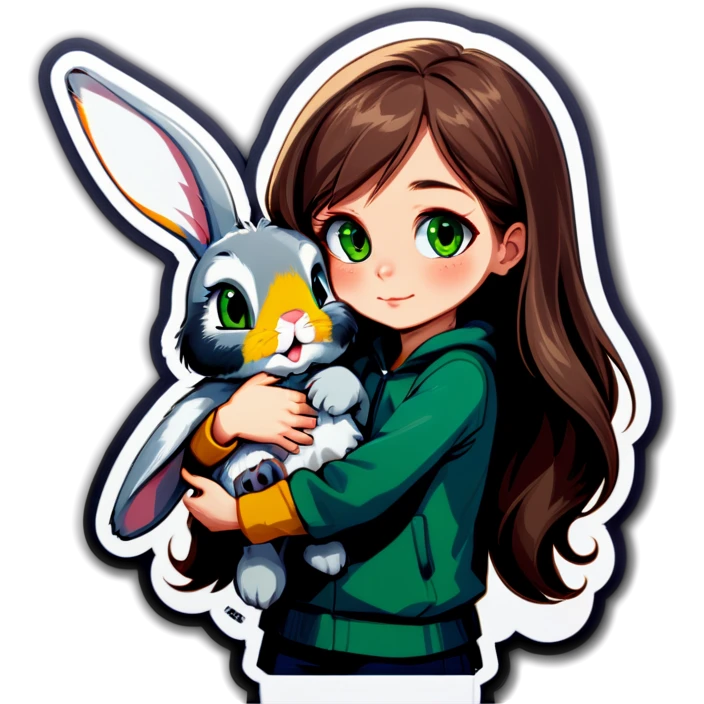 A grey, floppy eared bunny being held by a girl with long brown hair and green eyes. emoji