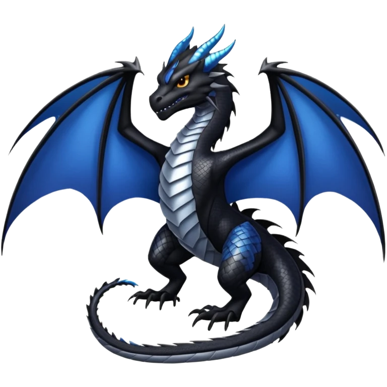 Darkstalker the NightWing dragon from Wings of Fire, black dragon with a regal expression, silver scales along the wings emoji
