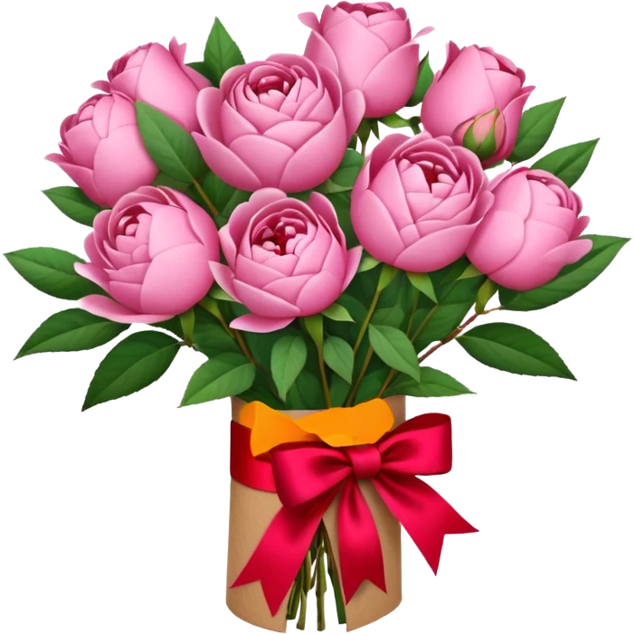 Bouquet of pink flower like rose and peony wrapped in kraft paper with red bow emoji