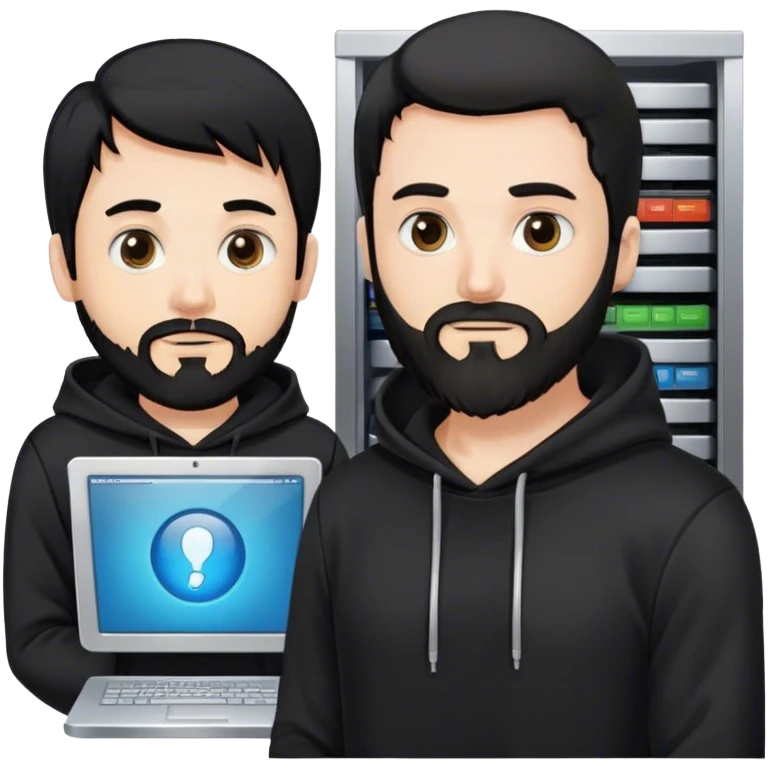 hackeur blanc cheveux noir barbe et capuche noir à côté d'un server emoji