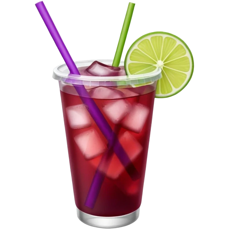 maroon purple cocktail with a lime wedge in the drink in a plastic cup with lid and straw  emoji