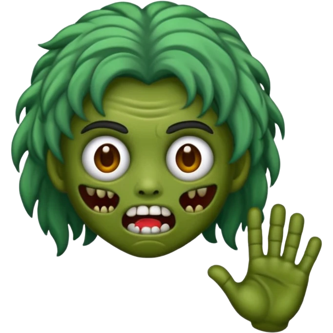 Faça um emoji de zumbi que se pareça comigo. Categorias: cabelo ondulados pretos, pele verde, usa aparelho! emoji