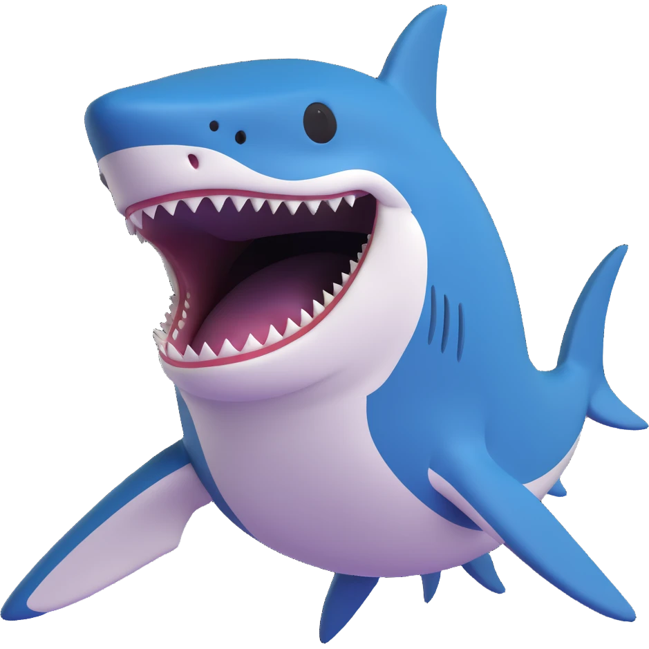 Edit the shark emoji in the smooth, cartoonish, 3D emoji style to be a dark moderate blue color. Remove legs and sneakers. The shark should have its mouth open with no background. emoji