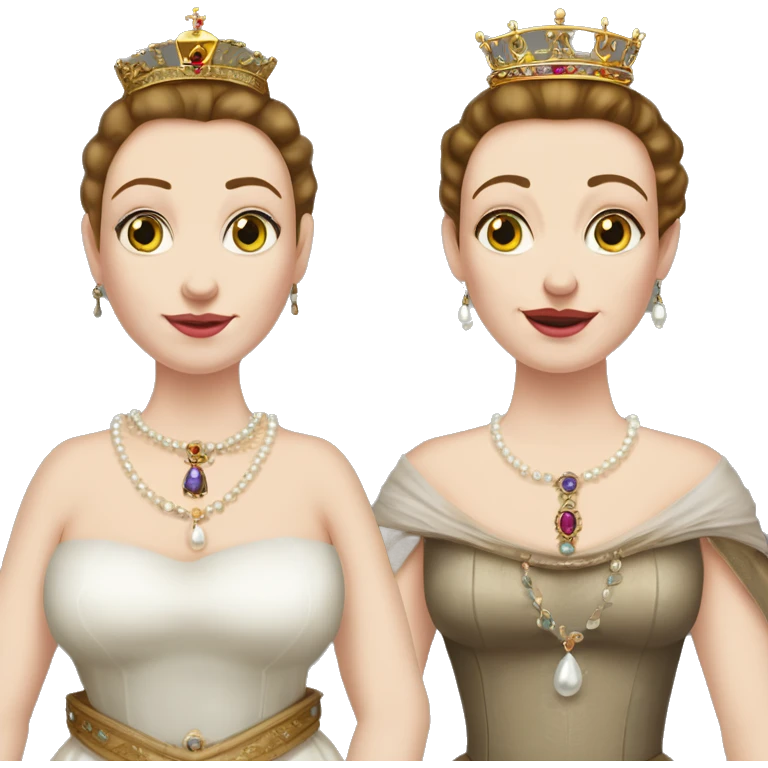 Chubby white 35 year old female queen with large breasts. Dark and tied back hair, eyes light-coloured and a bit wide-set. Elizabethan queen's dress and a lot of jewellery such as pearl necklaces, earrings and a crown. She wears an embroidered sash. emoji