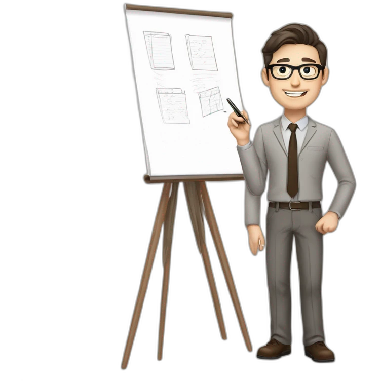 Pale skinned fit man with dark brown hair in gray jacket, beige office shirt, brown tie, brown pants and vintage glasses Writing on the flipchart emoji