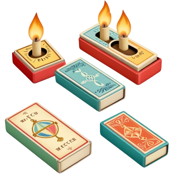 Icon for Matchbox Collecting: a collection of colorful vintage matchboxes arranged in a row, with the match tips visible on the sides. The icon should highlight the unique design and charm of the matchboxes from various places. Transparent background. emoji