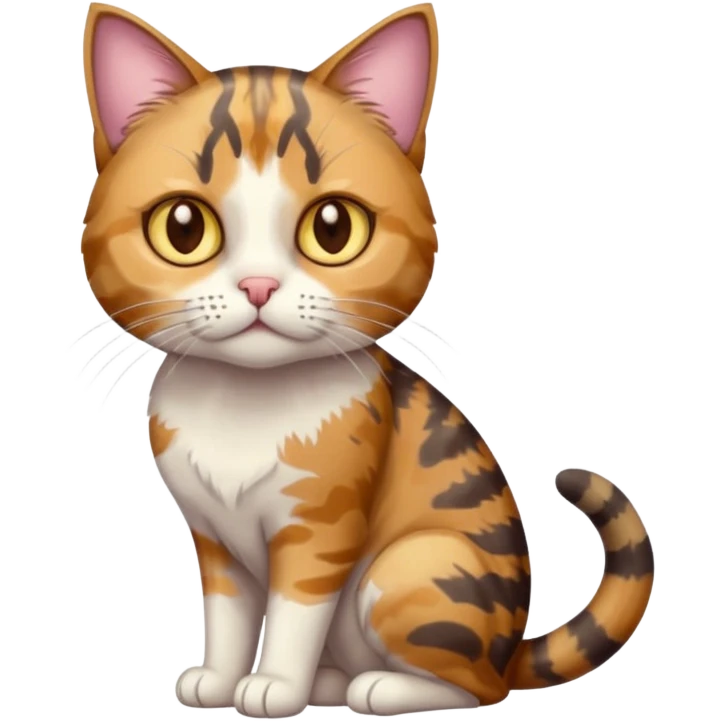 full body anxious looking colourful light calico tabby cat with hazel eyes and patchy brown tabby sections of fur emoji