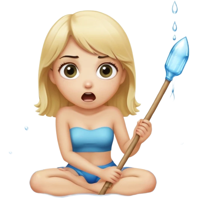 blond woman sitting on her knees with wide eyes, holding a wide skin-colored stick with a D-shaped knob, the stick has skin texture, water squirting from the knob into her mouth, shocked face emoji