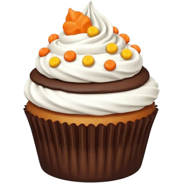chocolate dipped flat frosted cupcake with Reese’s pieces on top emoji